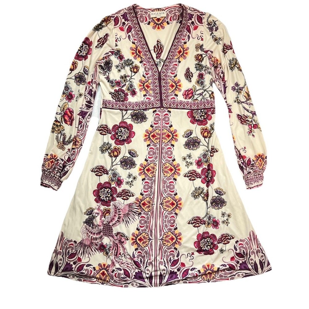Hale Bob Jersey Midi Dress Womens L Floral Phoenix Print V-Neck Long Sleeve
